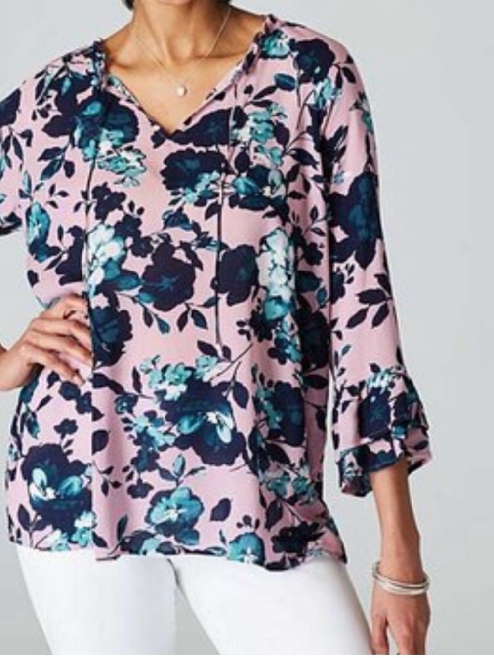 J. Jill Beautiful Blooms Pink Floral Tiered Sleeves Tie Neck Blouse
